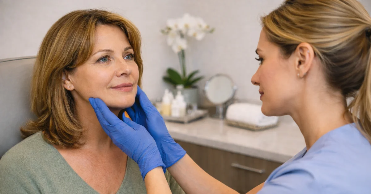 Aesthetic provider assessing facial volume and skin firmness during collagen stimulation consultation in medical clinic