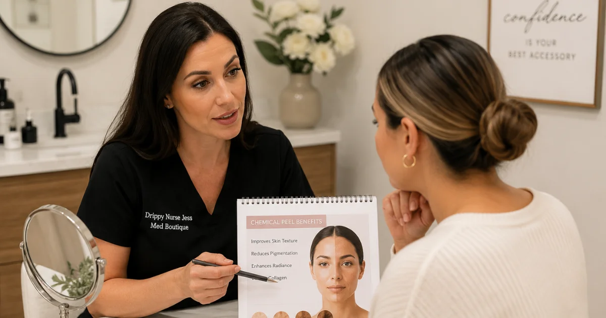 A skincare provider discussing chemical peel treatment options with a patient to improve skin texture and reduce pigmentation concerns.