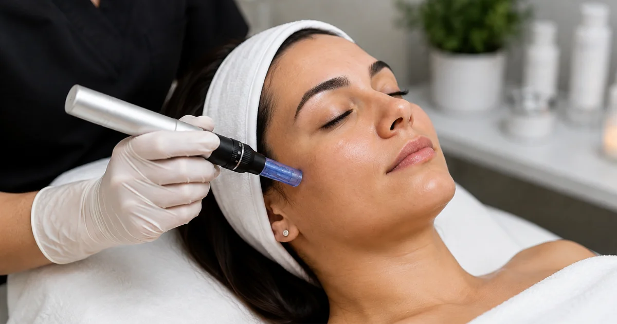 Licensed aesthetic provider performing a microneedling facial treatment for natural skin regeneration and collagen renewal.