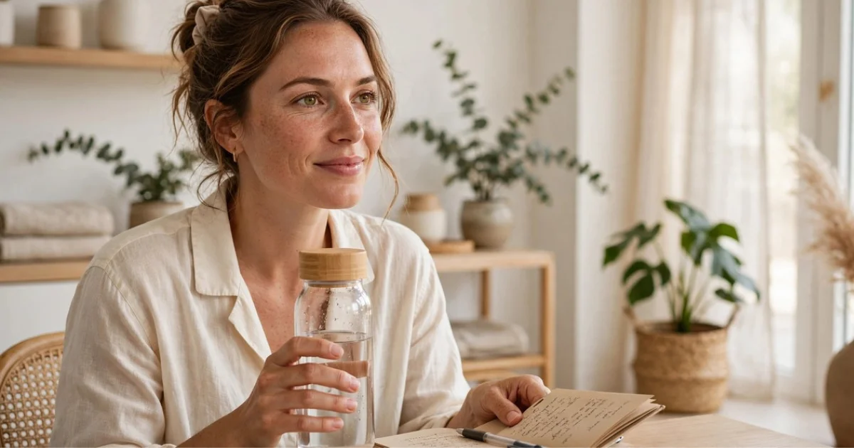 Woman feeling naturally energized and focused during morning wellness routine with water bottle and journal